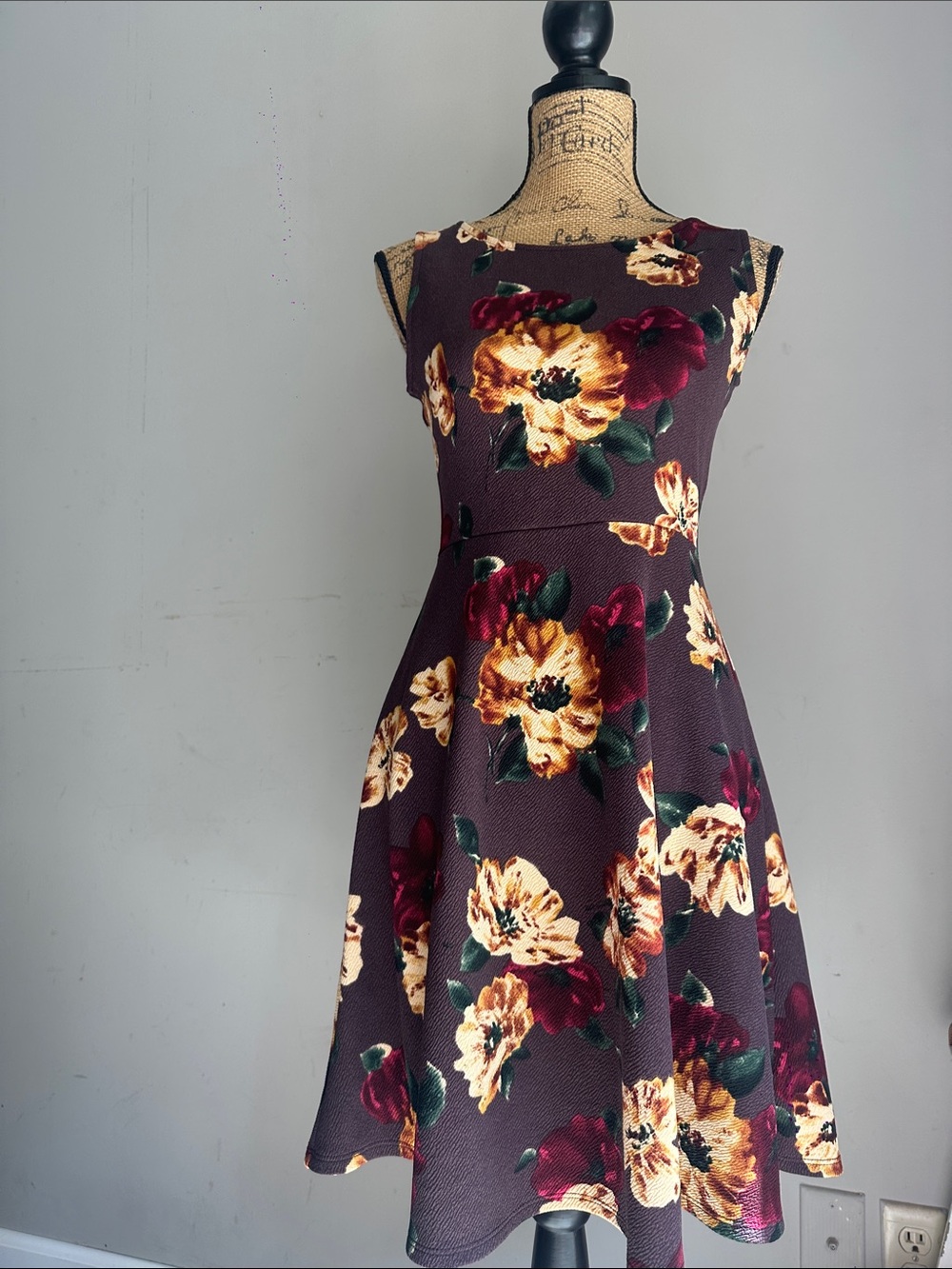 Kaileigh Plum Floral Fit-&-Flare Dress with Yellow Blooms